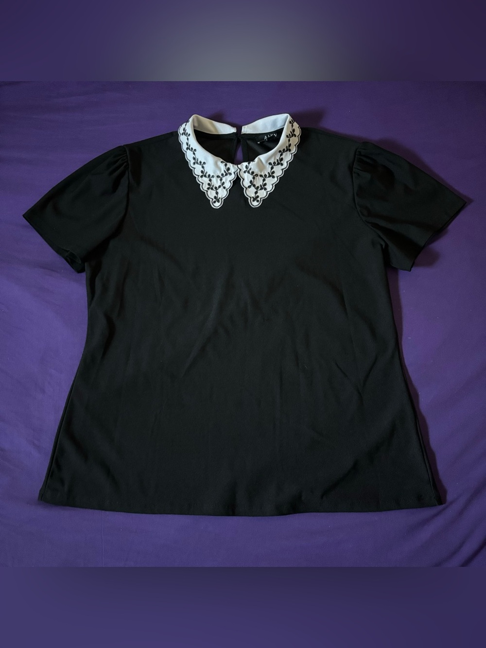 A.U.W Halloween Black with White Embroidered Collar Short Sleeve Top